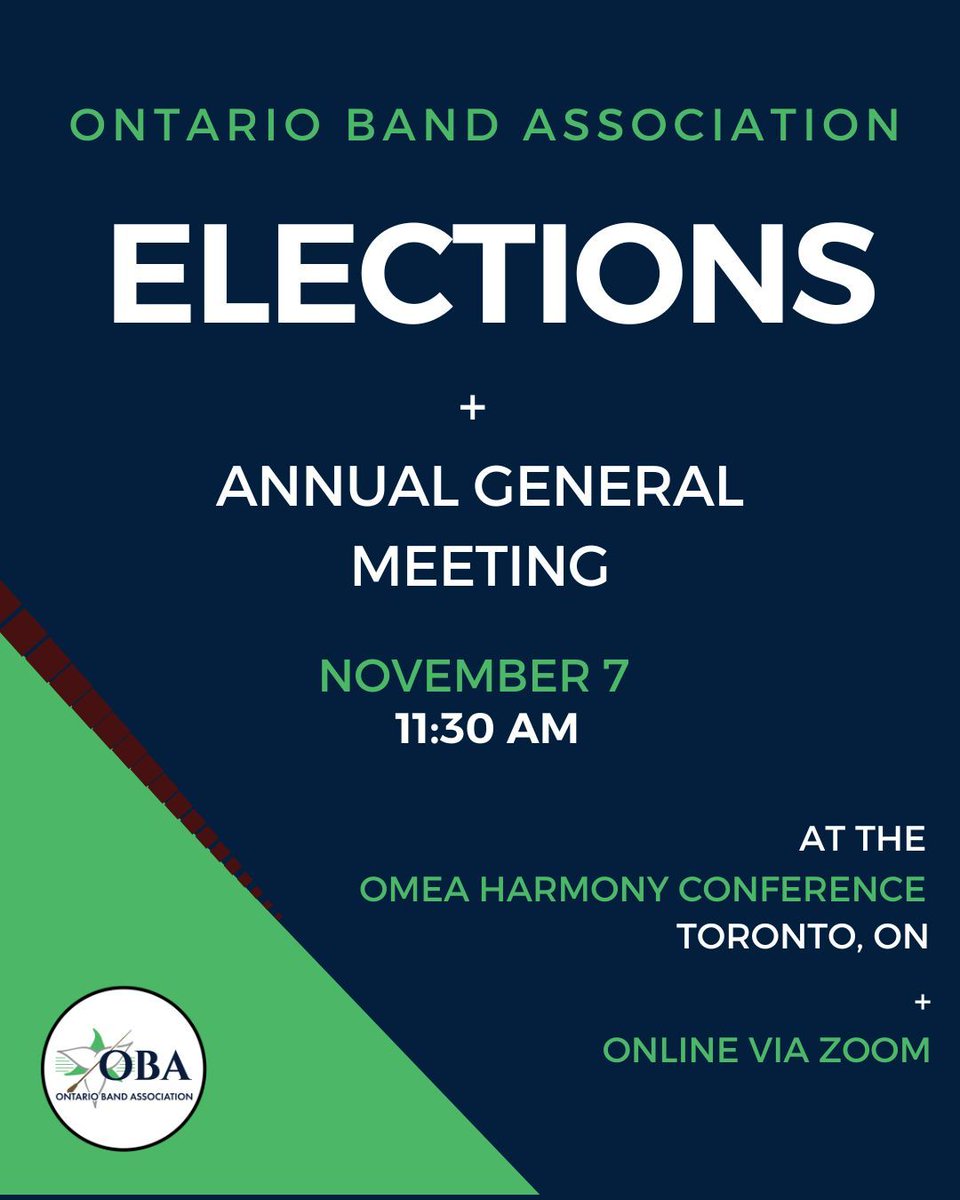 The OBA"s Annual General Meeting is taking place THIS Friday: November 7, 2025 at the OMEA Harmony Conference, (Toronto, ON) in the Lotus Room from 11:30 AM - 1:00 PM.

The AGM and Election will also be available via Zoom. Zoom details are forthcoming to the membership via email.