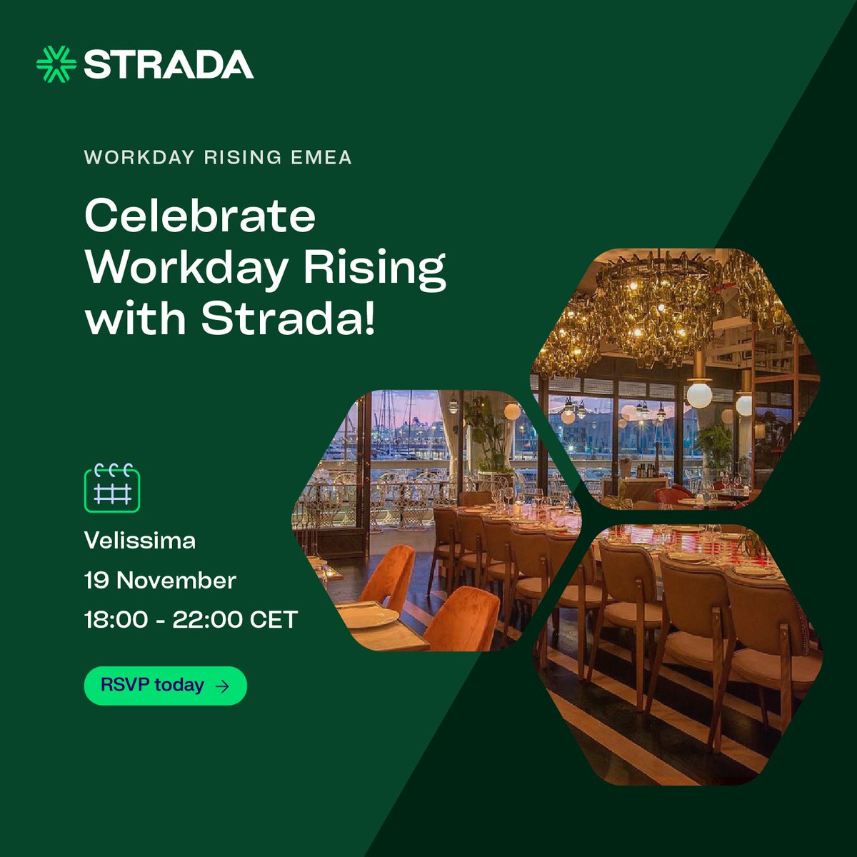 The highlight of Rising week? Strada’s Wednesday night party at Velissima. Join us for a Barcelona evening on the water, an event you won’t want to miss.

19 November | 18:00–22:00 CET

RSVP today: eu1.hubs.ly/H0pbGC70

#StradaAtWDRisingEMEA #WDAYRisingEMEA