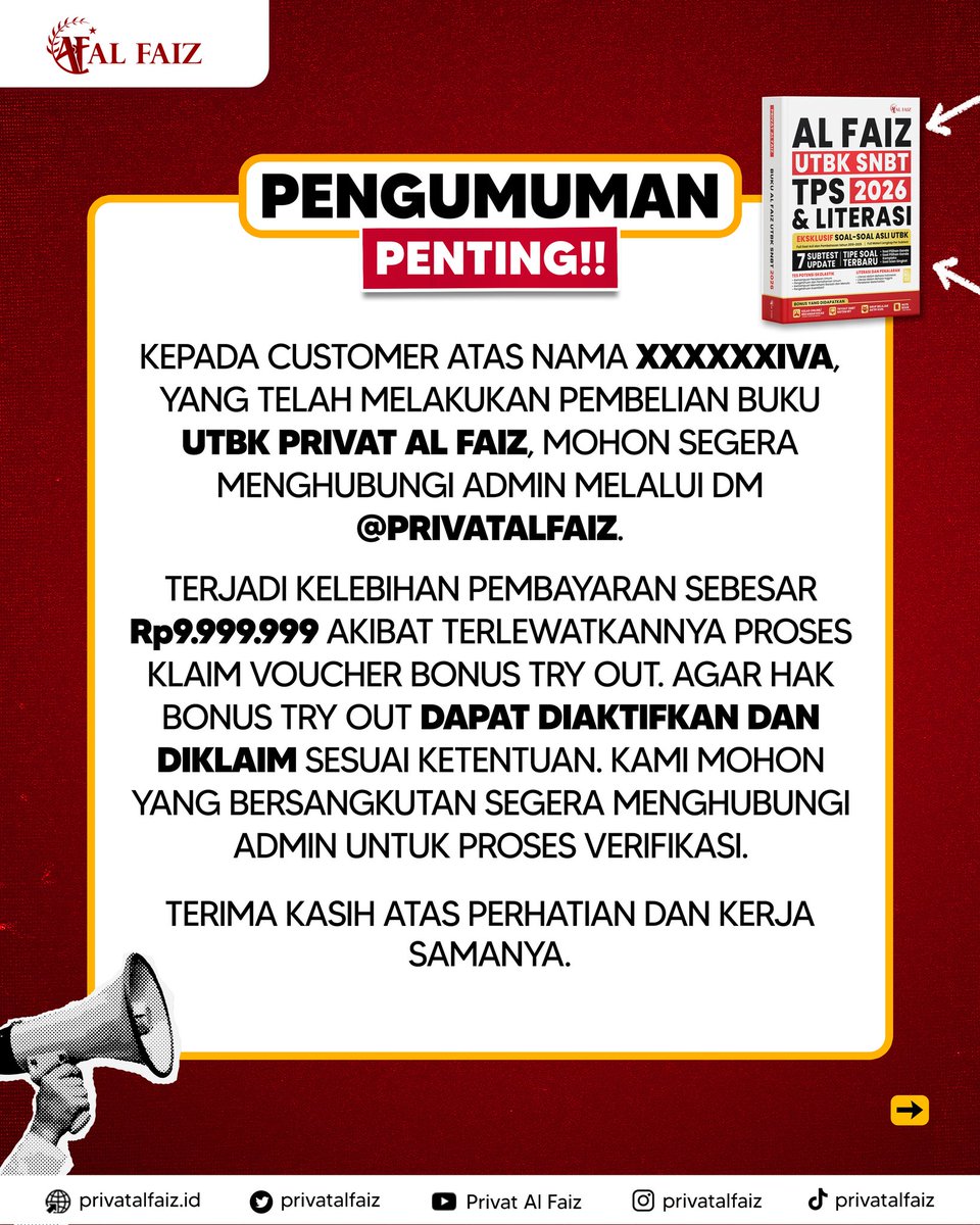 Privatalfaiz's tweet image. 📢 PENGUMUMAN PENTING 📢
Untuk customer yang bersangkutan, mohon segera hubungi admin via DM @privatalfaiz ya!

Terkait klaim Bonus dari Buku Al Faiz tidak perlu transfer lagi ya teman-teman🥹
Terima kasih atas perhatian dan kerja samanya 🙏

#skd #snbt #pengumuman #tryout…