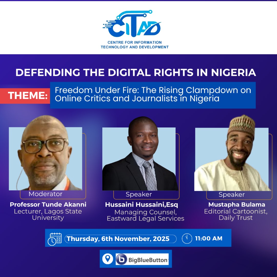 As journalists and activists continue to face harassment and intimidation from those in power, join us for a discussion on “Freedom Under Fire: The Rising Clampdown on Online Critics and Journalists in Nigeria” featuring <a href="/Bulamacartoons/">Mustapha Bulama</a>, Hussain Hussain, Esq, &amp; Prof Tunde Akanni