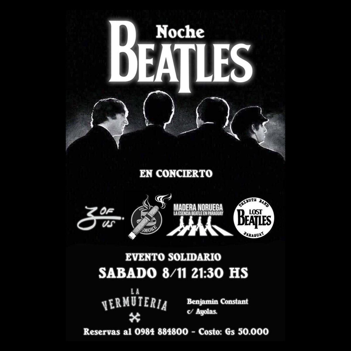 Este sábado 08/11, en La Vermuteria van a sonar las mejores canciones de The Beatles de la mano de 3 of Us, Full Smoke, Madera Noruega y Lost Beatles. Te invitamos a disfrutar de este evento por una buena causa, te esperamos!