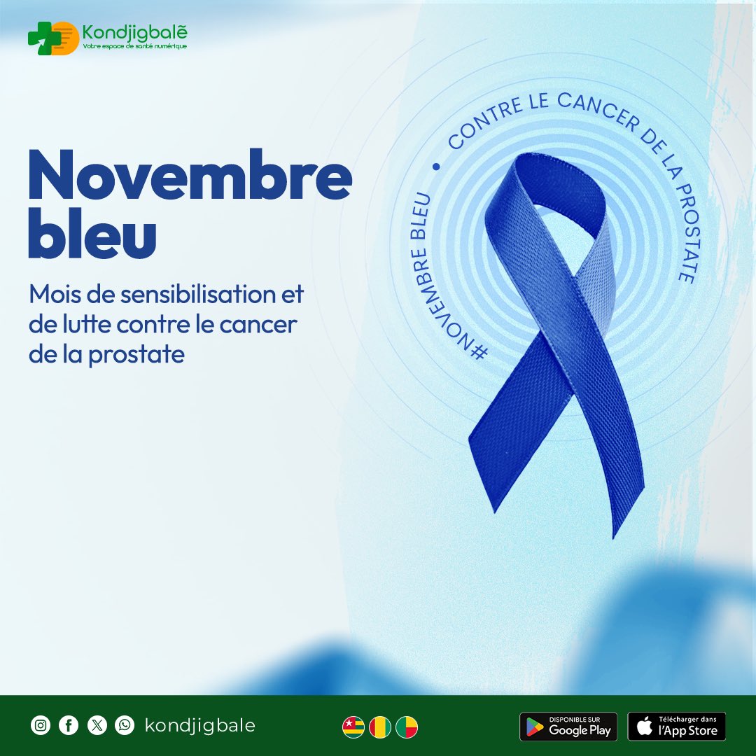 💙 Novembre bleu 
Ensemble, mobilisons-nous pour la santé masculine.

Le dépistage précoce du cancer de la prostate peut sauver des vies 💚🧡

#NovembreBleu #SantéDesHommes #Kondjigbale #Prévention #esanté #CancerDeLaProstate