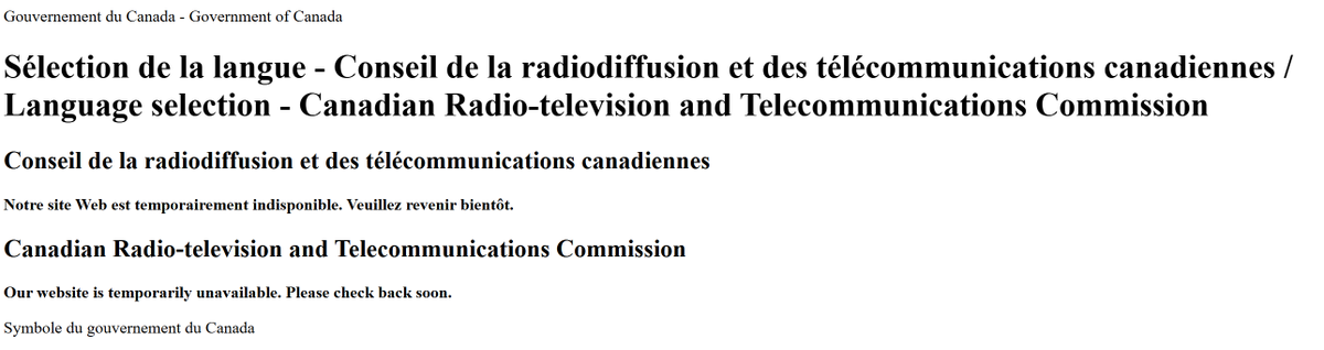 Once again, #CRTC website is down.

What credibility does <a href="/CRTCeng/">CRTCeng</a> have to examine network performance when it has so much downtime on its own?