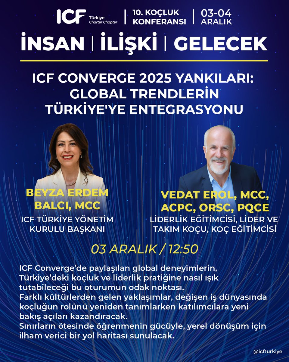 ICF Türkiye Başkanı Beyza Erdem Balcı, MCC ve Liderlik Eğitimcisi, Lider ve Takım Koçu, Koç Eğitimcisi Vedat Erol, MCC, ACPC, ORSC, PQCE; ICF Converge 2025 Yankıları: Global Trendlerin Türkiye'ye Entegrasyonu oturumuyla 10. Koçluk Konferansı’nda. koclukkonferansi2025.endlessfairs.com