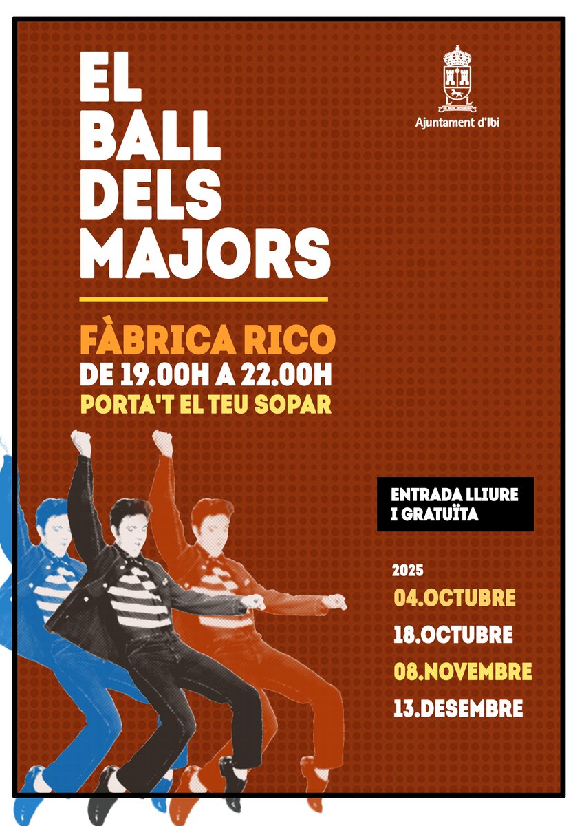 #IbiPersonesMajors] 🎶🕺 EL BALL DELS MAJORS!  
Este dissabte 8 de novembre, cita amb el Ball dels Majors.
🕰️De 19.00 a 22.00 h 
📍Fàbrica Rico.
Vine a gaudir d’una vesprada de música, ball i alegria  Entrada lliure. Porta el teu picoteig i beguda! 
📌Pròxima cita: 13/12