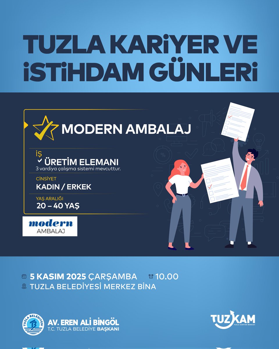 Tuzla Kariyer ve İstihdam Günleri devam ediyor!

Tuzla Belediyesi Kariyer ve İstihdam Merkezimizin düzenlediği ve Modern Ambalaj firmasının katılımıyla gerçekleşecek olan toplu iş görüşmesine tüm komşularımızı bekliyoruz.

🗓️5 Kasım Çarşamba
⏰10.00
📍Tuzla Belediyesi Merkez Bina