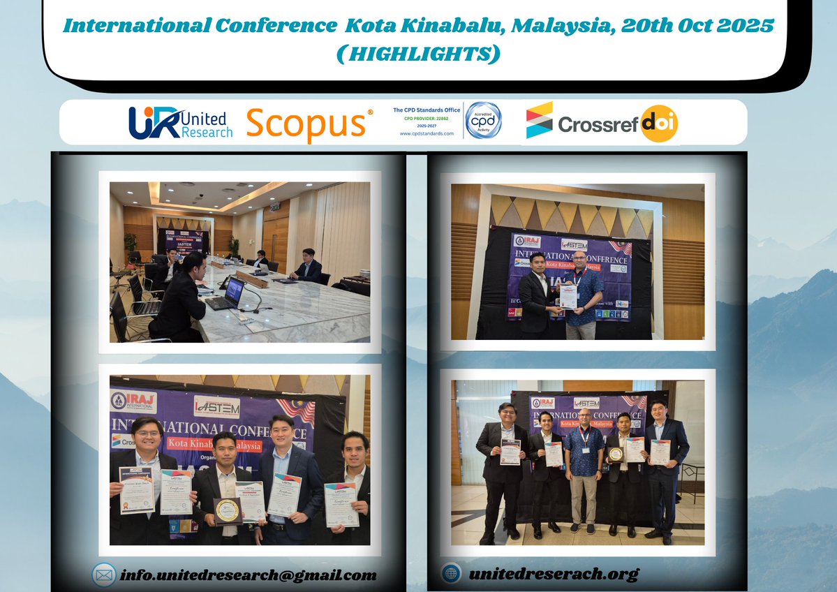 IUnitedres18954's tweet image. ✨ Conference Successfully Concluded in Kota Kinabalu, Malaysia 🇲🇾✨ held on 20th October 
The event brought together distinguished researchers, academicians
#Unitedresearch #ConferenceSuccess #KotaKinabalu #MalaysiaConference #ResearchCommunity #AcademicConference