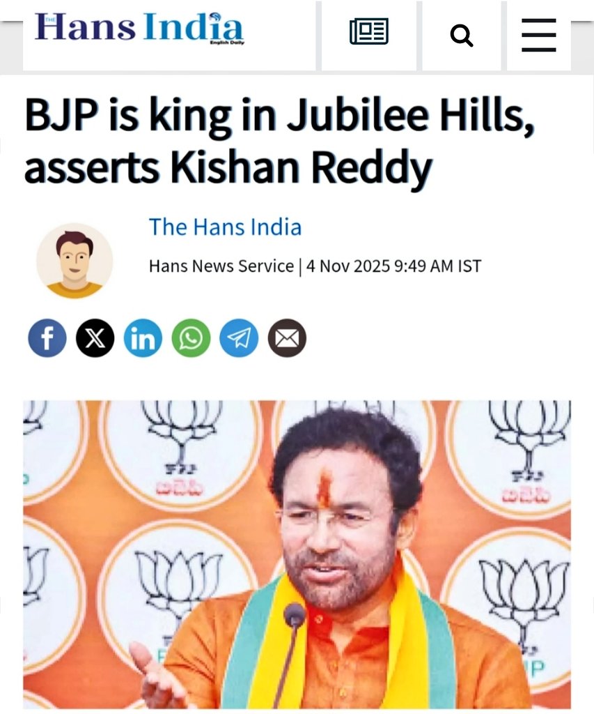 Arvindharmapuri's tweet photo. I completely agree with Shri @kishanreddybjp garu’s statement. BJP is indeed King in Jubilee Hills.

A lot of political pundits and netizens are saying these bye-elections will be tough for the BJP because of the large number of minority voters.

But let’s not forget, in Nizamabad Urban, despite having over 42% minority voters, we secured a decisive victory with a margin of more than 15,000 votes. In Jubilee Hills, where the minority population is around 30%, winning should actually be an easier task for our party.

My best wishes to our candidate, Shri Lankala Deepak Reddy (@LDR4BJP) garu and Union Minister Shri G. Kishan Reddy Ji garu (under whose Lok Sabha constituency Jubilee Hills assembly constituency falls).