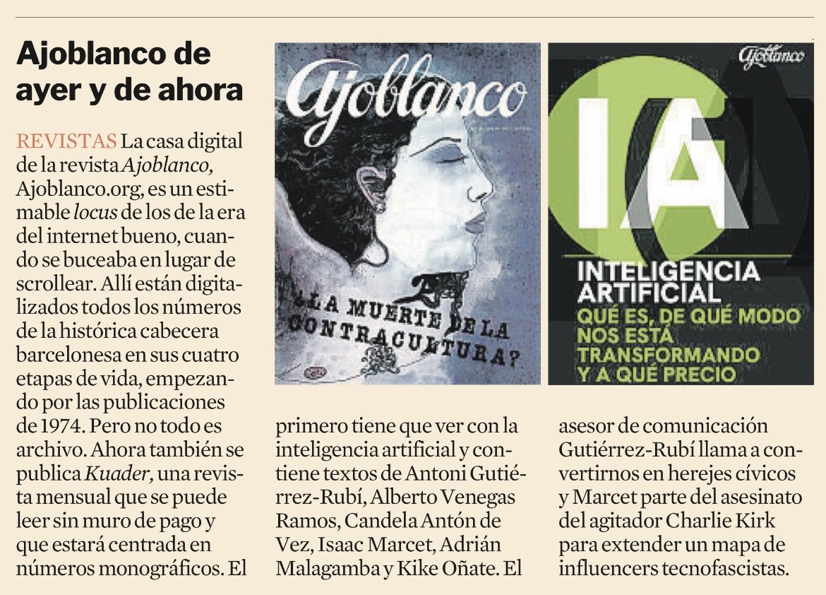 “Un estimable locus de los de la era del internet bueno. Cuando se buceaba en lugar de scrollear", dice <a href="/begogomezurzaiz/">Begoña Gómez Urzaiz</a> en La Vanguardia sobre el nuevo mensual que hemos lanzado con la <a href="/revistajoblanco/">Ajoblanco</a> y que puedes leer en abierto aquí: ajoblanco.org/revistas/01-in…
