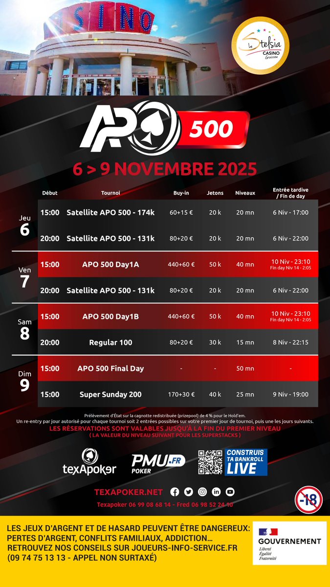 🔥 Texapoker, c'est un tournoi près de chez vous et cette semaine, rendez-vous pour un Monsterstacks 400 au Club Circus Paris, des Star 250 à Aix-en-Provence et Nice, un APO 500 à Gruissan et des TPS au Pasino Le Havre sans oublier les tournois hebdomadaires à Bandol,