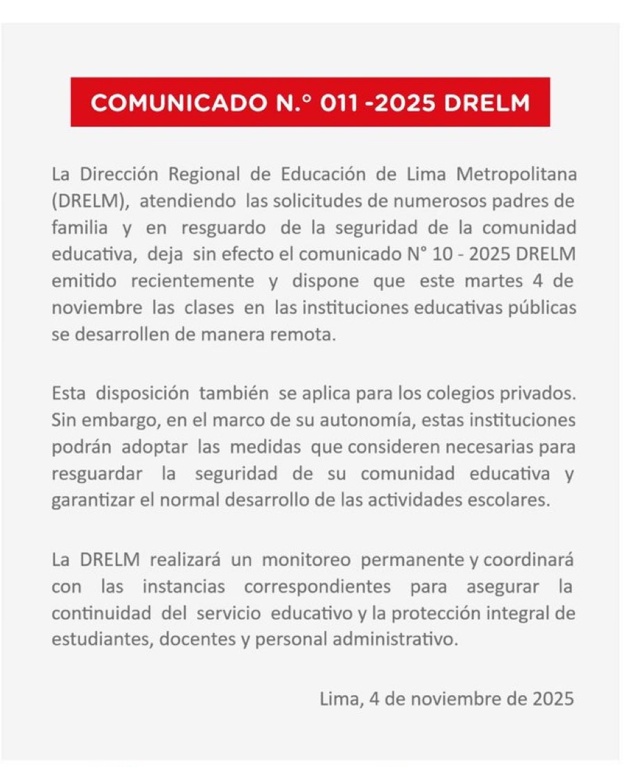 jmhidalgo's tweet image. 🤷🏽 A la izquierda el comunicado donde la @drelm_lima confirma que las clases serán presenciales. A la derecha el comunicado donde la misma @drelm_lima informa a las 3am que las clases serán virtuales por el paro de transportistas. 👈🏾👉🏾