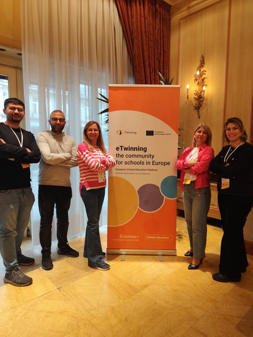 First image shows a large screen displaying Building a B.R.I.G.H.T. Future European Prize 2025 with categories and a globe icon alongside five women seated on a stage in professional attire including hijabs and colorful outfits with eTwinning and European Schoolnet logos visible. Second image displays a screen listing winners from countries like Czech Republic Estonia Greece Portugal Spain and Turkey with names such as Maria Ondrejovska and Galina Dudek grouped by age categories 6-10 and 11-15 years while a diverse group of about 15 people including men and women hold yellow sashes and awards on a red carpet stage with eTwinning Community of Schools in Europe banner. Third image captures six people standing in an ornate room with wooden floors and columns including women in blouses and men in shirts posing in front of a blue eTwinning banner for schools in Europe with lanyards and name tags. Fourth image shows five people standing in a luxurious room with curtains and a banner reading eTwinning the community for schools in Europe featuring individuals in casual professional clothing like striped shirts and jeans with arms crossed and lanyards.