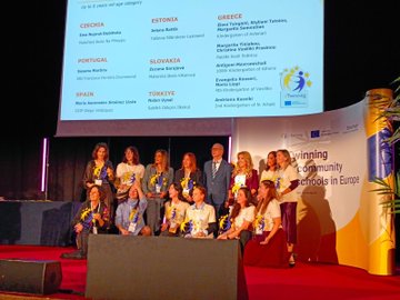 First image shows a large screen displaying Building a B.R.I.G.H.T. Future European Prize 2025 with categories and a globe icon alongside five women seated on a stage in professional attire including hijabs and colorful outfits with eTwinning and European Schoolnet logos visible. Second image displays a screen listing winners from countries like Czech Republic Estonia Greece Portugal Spain and Turkey with names such as Maria Ondrejovska and Galina Dudek grouped by age categories 6-10 and 11-15 years while a diverse group of about 15 people including men and women hold yellow sashes and awards on a red carpet stage with eTwinning Community of Schools in Europe banner. Third image captures six people standing in an ornate room with wooden floors and columns including women in blouses and men in shirts posing in front of a blue eTwinning banner for schools in Europe with lanyards and name tags. Fourth image shows five people standing in a luxurious room with curtains and a banner reading eTwinning the community for schools in Europe featuring individuals in casual professional clothing like striped shirts and jeans with arms crossed and lanyards.