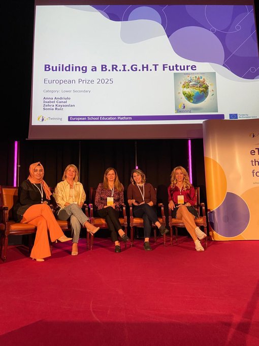 First image shows a large screen displaying Building a B.R.I.G.H.T. Future European Prize 2025 with categories and a globe icon alongside five women seated on a stage in professional attire including hijabs and colorful outfits with eTwinning and European Schoolnet logos visible. Second image displays a screen listing winners from countries like Czech Republic Estonia Greece Portugal Spain and Turkey with names such as Maria Ondrejovska and Galina Dudek grouped by age categories 6-10 and 11-15 years while a diverse group of about 15 people including men and women hold yellow sashes and awards on a red carpet stage with eTwinning Community of Schools in Europe banner. Third image captures six people standing in an ornate room with wooden floors and columns including women in blouses and men in shirts posing in front of a blue eTwinning banner for schools in Europe with lanyards and name tags. Fourth image shows five people standing in a luxurious room with curtains and a banner reading eTwinning the community for schools in Europe featuring individuals in casual professional clothing like striped shirts and jeans with arms crossed and lanyards.