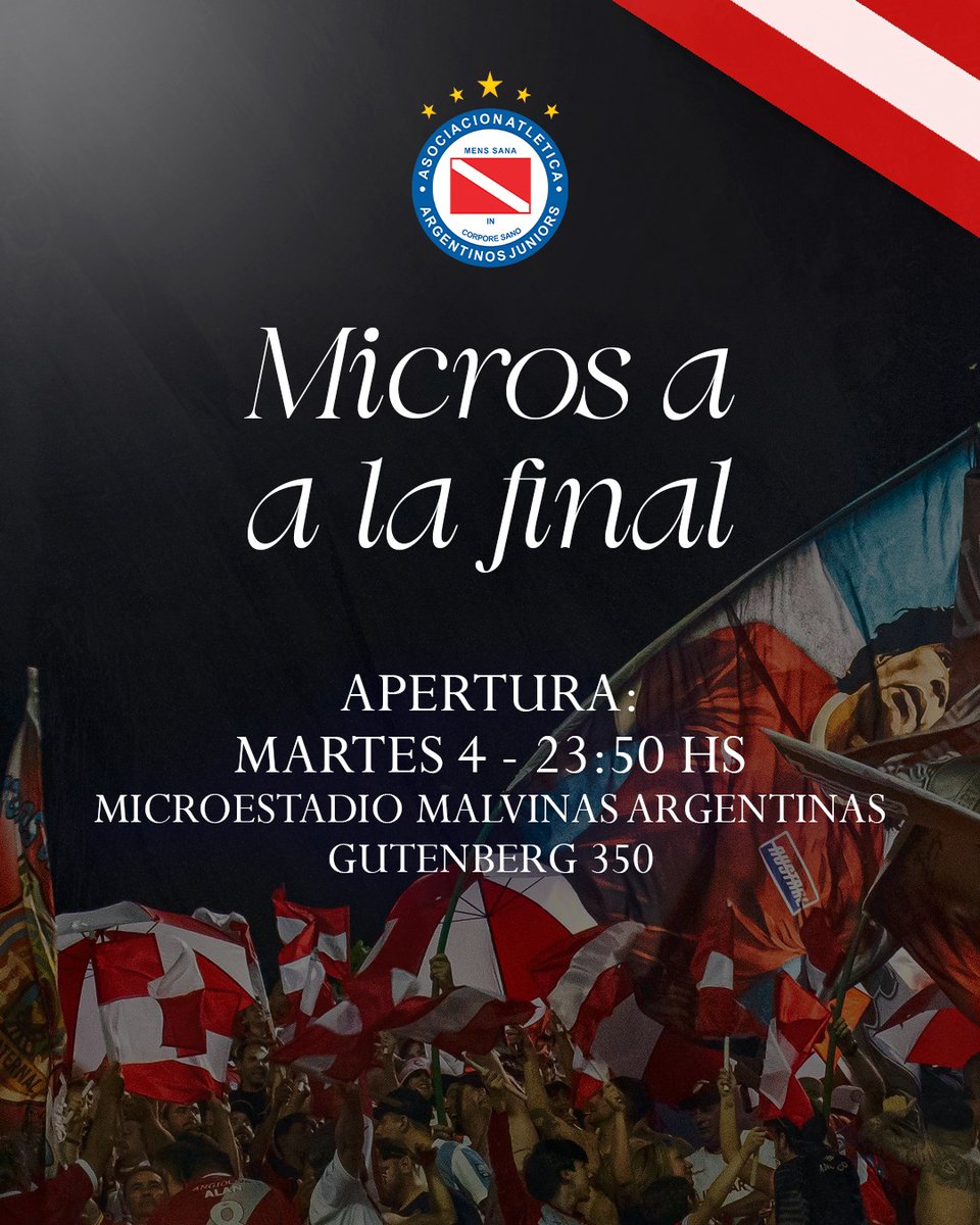 AAAJoficial's tweet photo. #AAAJ 🚌 MICROS PARA LA FINAL DE LA COPA ARGENTINA
📍 Salida:
Desde el Microestadio "Malvinas Argentinas" (Gutenberg 350) en el horario que indique el club: Recomendamos llegar con anticipación para evitar demoras.
🏟️ Regreso:
Será una vez finalizado el partido, con destino nuevamente al Microestadio.
🎟️ Asignación de asientos:
Se realizará al momento de subir al micro, presentando el bono correspondiente junto con la entrada.
💳 Entradas compradas online:
Quienes hayan adquirido su ticket por el sistema deberán retirarla hasta el día de hoy a las 19 en el Polideportivo, junto con su pasaje de micro.
🚍 Al llegar a la ciudad los micros partirán a realizar una carga de combustible y no regresarán hasta finalizar el partido. Todo lo que quede o se baje será responsabilidad de cada pasajero/a.
El club y la @SCDHAAAJ no se responsabilizan por los bienes de cada persona.
⚠️ Importante:
✔️ Recordá llevar tu DNI y comprobante de compra.
✔️ No se permitirá subir sin entrada ni pasaje válido.
✔️ Todos los micros son exclusivos para socios y socias.