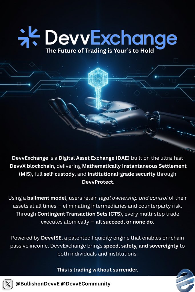 BullishOnDevve's tweet image. If your exchange holds the keys, whose assets are they really?

DevvExchange changes that. Giving you total control, zero counterparty risk, and instant, atomic settlement.

The key to true ownership starts here.

#DevvExchange #DevvE #SelfCustody