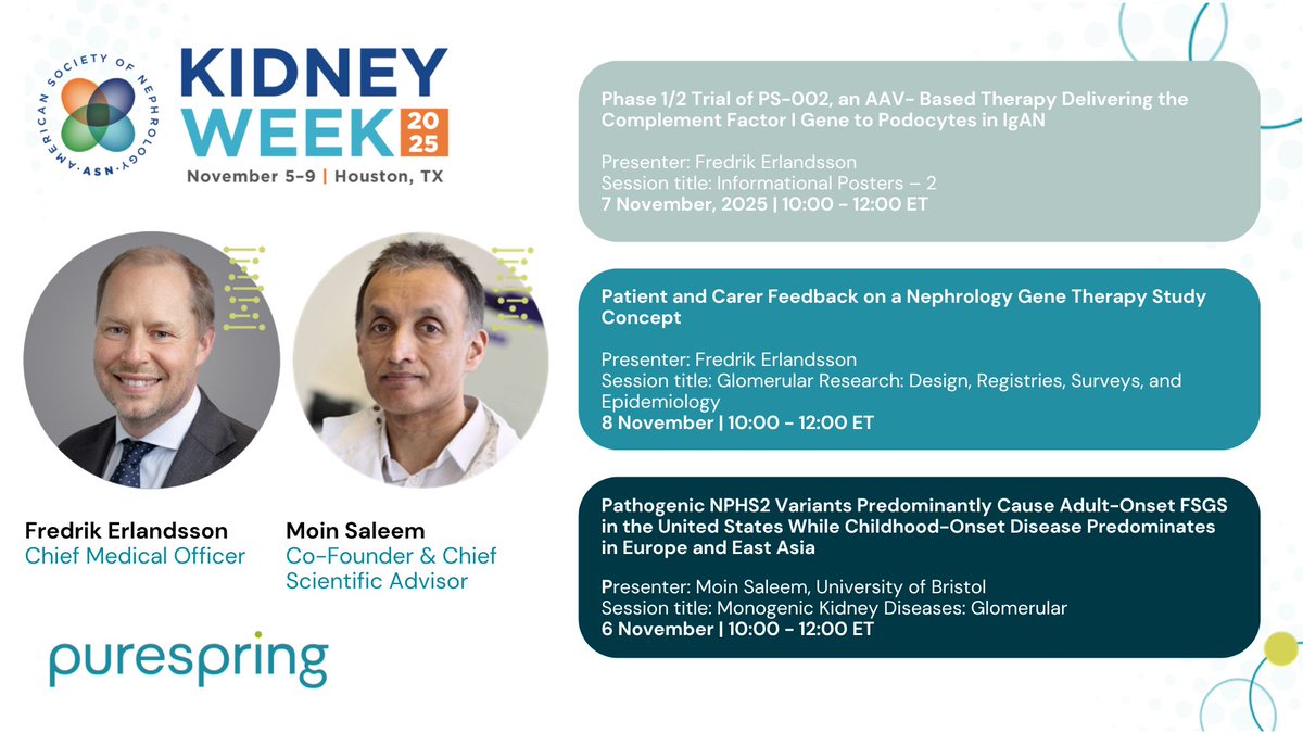 Our Co-founder &amp; Chief Scientific Advisor, Moin Saleem, and CMO, Fredrik Erlandsson, will be presenting at the @ASN #KidneyWeek2025 in   Houston, TX, from November 5-9! To learn more: purespringtx.com/purespring-to-…

#GeneticMedicines   #KidneyDiseases #Biotech