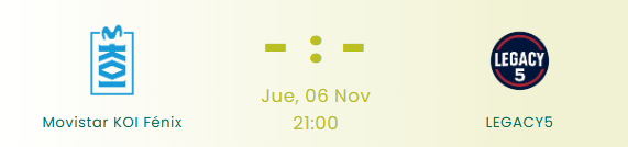 🗓️Jueves 6 a las 21:00: 

PRIMER PARTIDO DE LA IBERIAN CUP DE LEAGUE OF LEGENDS

Movistar KOI vs Legacy5

#MKOIWIN