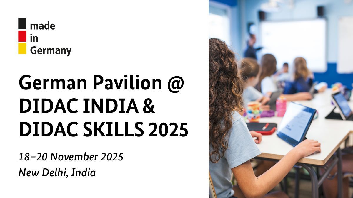 german_pavilion's tweet photo. Welcome to the German Pavilion at DIDAC India, 18–20 November 2025.

The German Pavilion at DIDAC India is part of the Foreign Trade Fair Programme of the @BMWE_.

More information: https://t.co/zKOn7xHGii

#BMWE #AUMA #TEACHINGAID #LEARNINGAID #BUSINESSSTARTUP #INDUSTRYLEADER https://t.co/Hur6VT8vE7