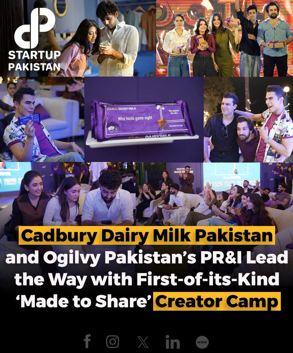 PakStartup's tweet photo. Cadbury Dairy Milk Pakistan, in partnership with @Ogilvy Pakistan’s PR&I division hosted a Creator Camp in Karachi where 27 creators from TikTok and Instagram came together for the “Made to Share” campaign.
#CadburyDairyMilk #MadeToShare #CreatorCamp #OgilvyPakistan https://t.co/c7umlPi6MY