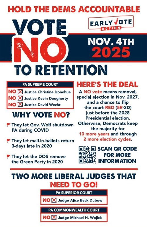AmyCPhotos's tweet photo. PA has a once-in-a-generation opportunity to defeat 3 Democrat Supreme Court Justices.   
When you vote on Tuesday, flip over your ballot and Vote :
❌NO to Wecht 
❌NO to Donohue
❌NO to Dougherty

❌NO to Dubow
❌NO to Wojcik  
 
#Vote #Nov4th https://t.co/NXUj6vMjrD