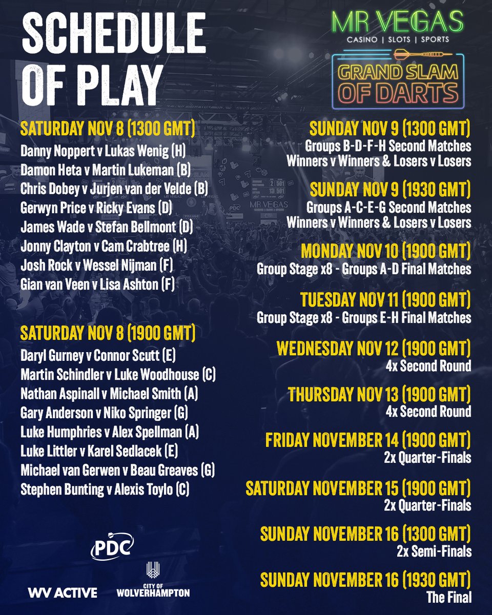 SCHEDULE 🔢 

The schedule of play for the 2025 <a href="/MrVegas_Casino/">MrVegas</a>
Grand Slam of Darts has been confirmed! 

📝 bit.ly/25GSODSchedule