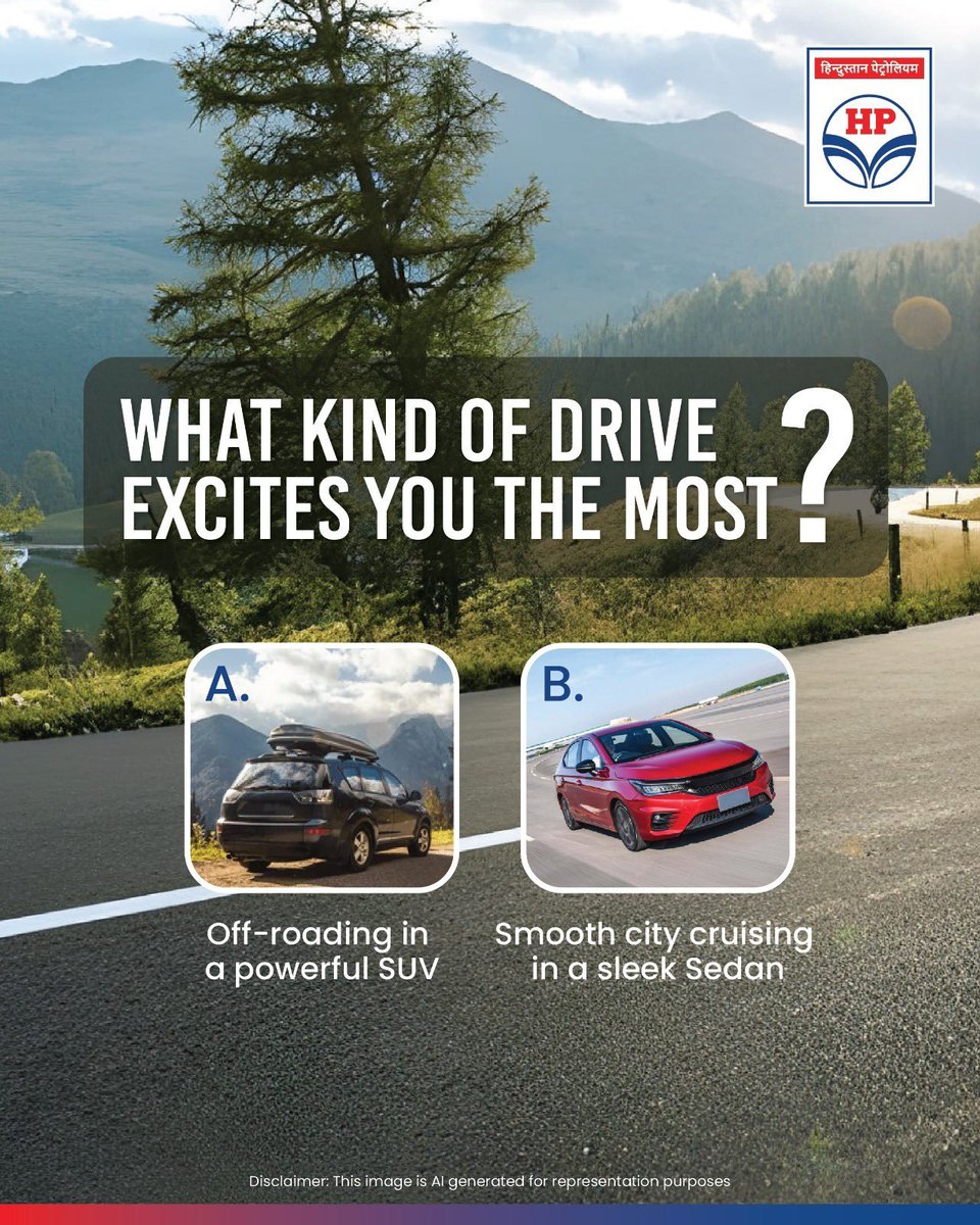 HPCL's tweet image. Whether it’s the roar of an SUV on rugged roads or the ease of a sedan gliding through the city — every drive has its charm.

Tell us, what’s your kind of thrill? 😎

#SUV #Sedan #CarDrive #HPCL #DeliveringHappiness