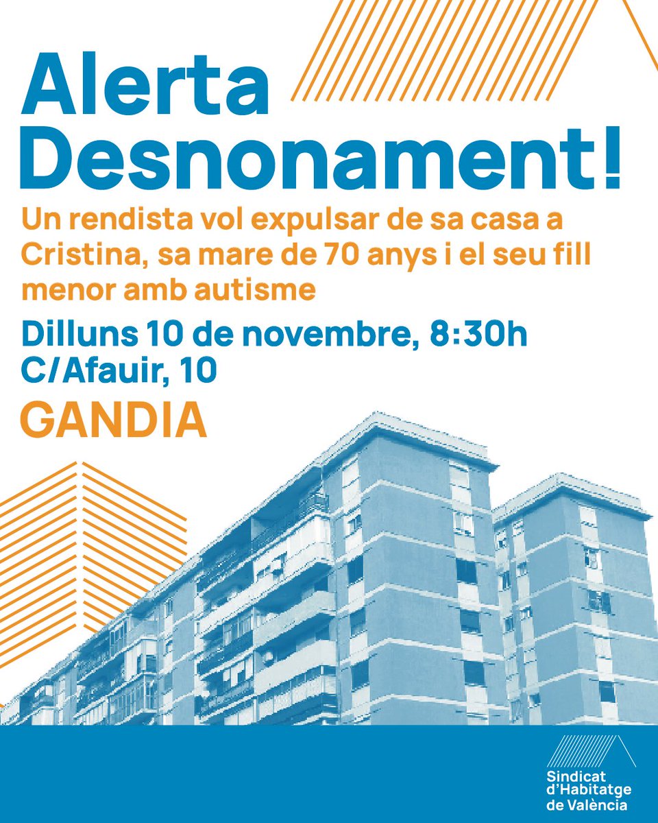 SdHValencia's tweet image. 🚨 ALERTA DESNONAMENT 🚨

La setmana que ve estarem a Gandia per a defensar la casa de Cristina i la seua família.

🔴 Estenem les eines sindicals a cada racó i lluitem contra rendistes i especuladors! Vos esperem!! 🗣️