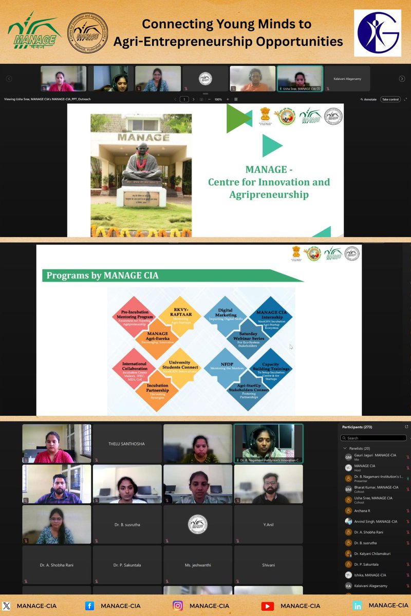 Connecting Young Minds to Agri-Entrepreneurship! 

MANAGE-CIA &amp; MANAGE FISHub conducted an online outreach session with Geethanjali College of Engineering &amp; Technology, Telangana, introducing incubation programs &amp; agri-startup opportunities to 300+ students.

#MANAGECIA #MANAGE