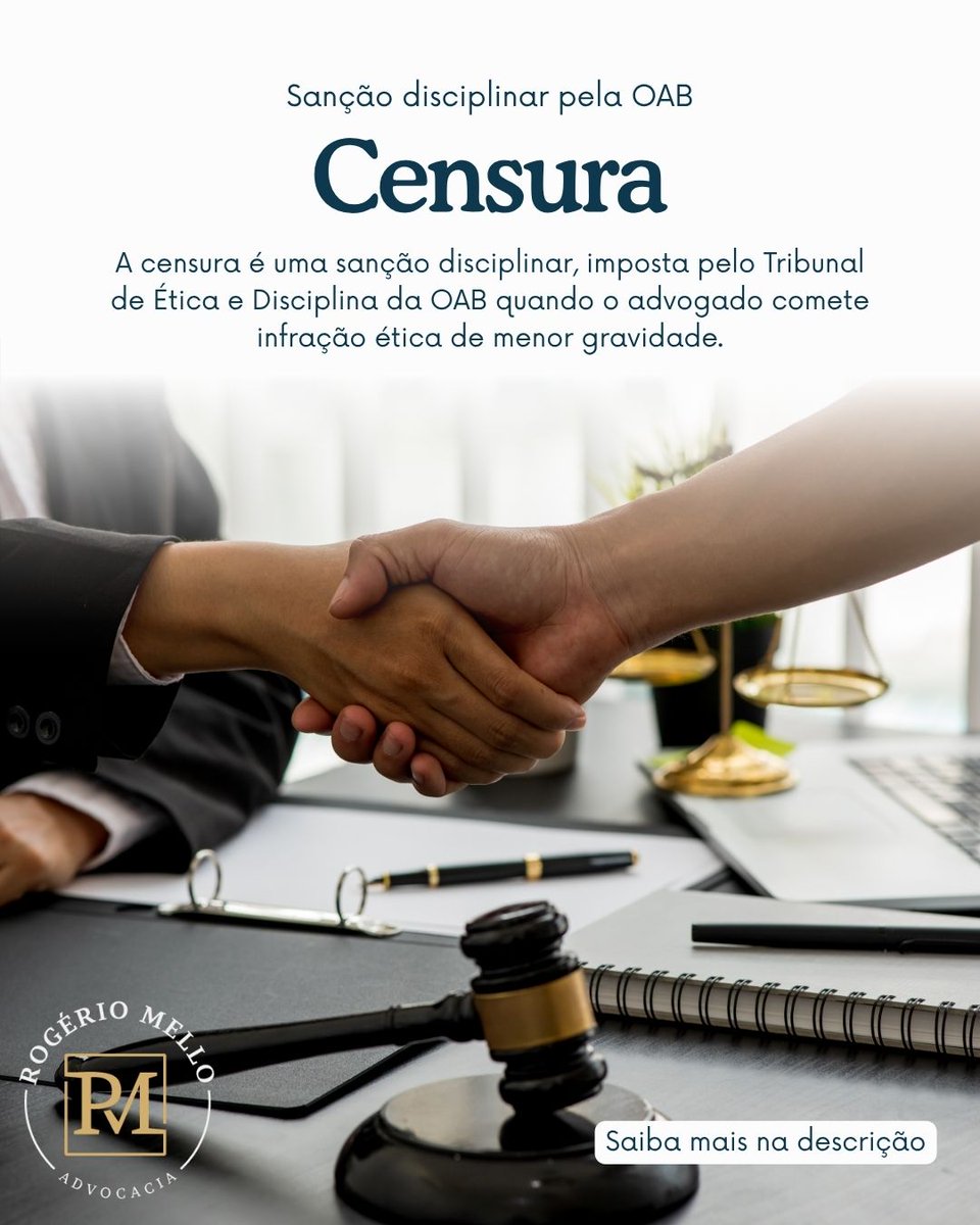 rogmelloadv's tweet image. ⚖️ A censura é sanção disciplinar aplicada pela OAB por infrações éticas leves (art. 35, I, Lei 8.906/94).
Consiste em repreensão formal e registrada, que não suspende a advocacia, mas compromete a reputação profissional.

#ÉticaNaAdvocacia #CensuraOAB #RogérioMelloAdvocacia