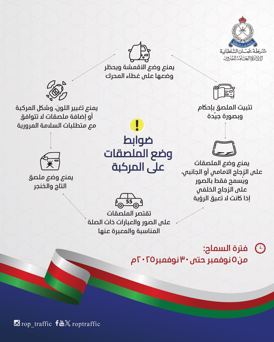 Marsadd9's tweet photo. ضوابط وضع الملصقات على المركبات بمناسبة #اليوم_الوطني_العُماني 🇴🇲

لنحتفل بأمان.. https://t.co/c56Ct5UIKO