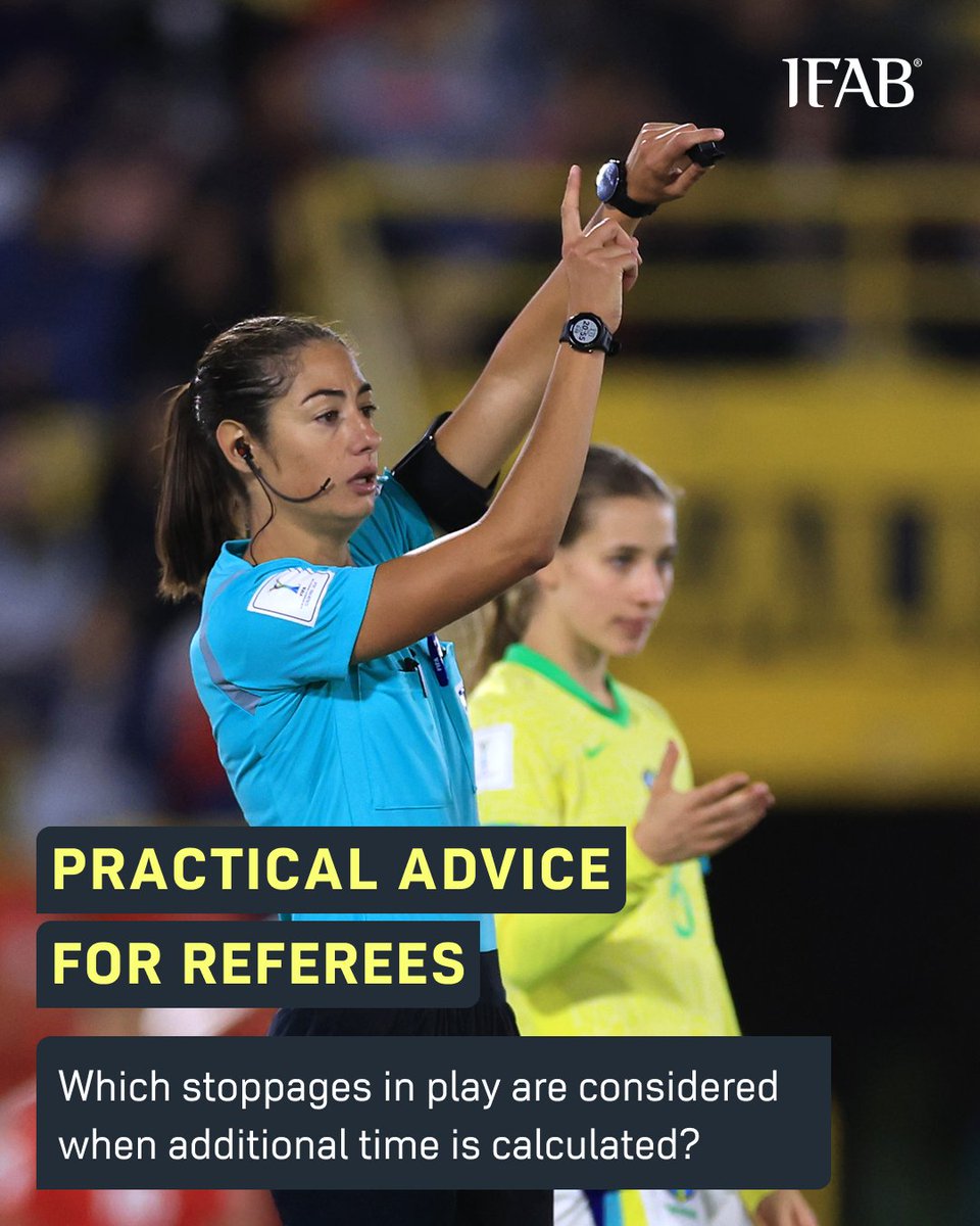 TheIFAB's tweet image. At the end of each half (in normal time and extra time), the #referee adds on the playing time that was ‘lost’ in that half because of:
➡️ substitutions
➡️ injuries
➡️ time-wasting
➡️ disciplinary action
➡️ goal celebrations
➡️ drinks and cooling breaks
➡️ delays for VAR checks…