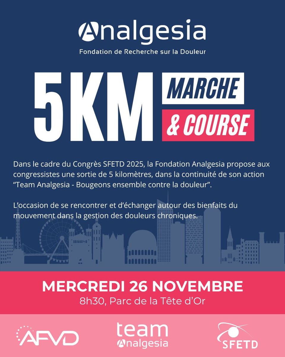 Rejoignez la Team Analgesia lors d’une sortie conviviale (course ou marche) en amont du congrès de la <a href="/SFETD_Douleur/">SFETD</a>  🏃

📅Mercredi 26 novembre à 8h30
📍 Départ : Palais des Congrès
🌳Parcours : 5 km dans le Parc de la Tête d’Or
🔗Infos &amp; inscriptions : helloasso.com/associations/i…