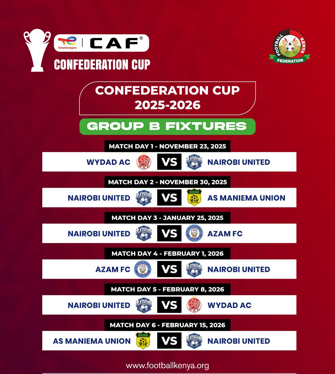Mark your calendars 🗓️

Nairobi United’s CAF Confederation Cup fixtures are out! Time to lock in and represent 🇰🇪💪

#TotalEnergiesCAFCC #CAFCC #NaiBois
