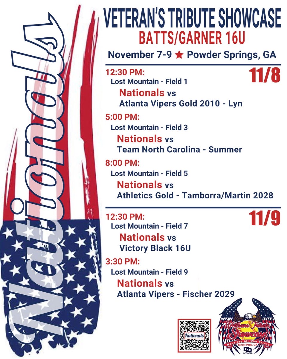 The Nationals are headed to GA! Come see us at Lost Mountain park for the Veterans Tribute Showcase! 🧡🩶

<a href="/Nationals_Coach/">Nationals 16U</a> <a href="/T_Batts3/">Terry Batts</a> <a href="/NationalsCC/">Nationals Fastpitch Team</a>