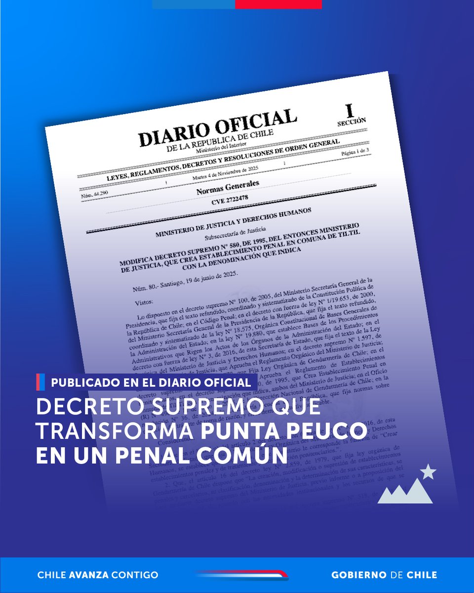 📜 Hoy se publicó en el Diario Oficial el decreto que modifica la denominación del recinto penitenciario Punta Peuco, el que pasa a llamarse Centro de Cumplimiento Penitenciario Til-Til.

Esta medida reafirma el compromiso del Estado con la igualdad ante la ley, poniendo fin a