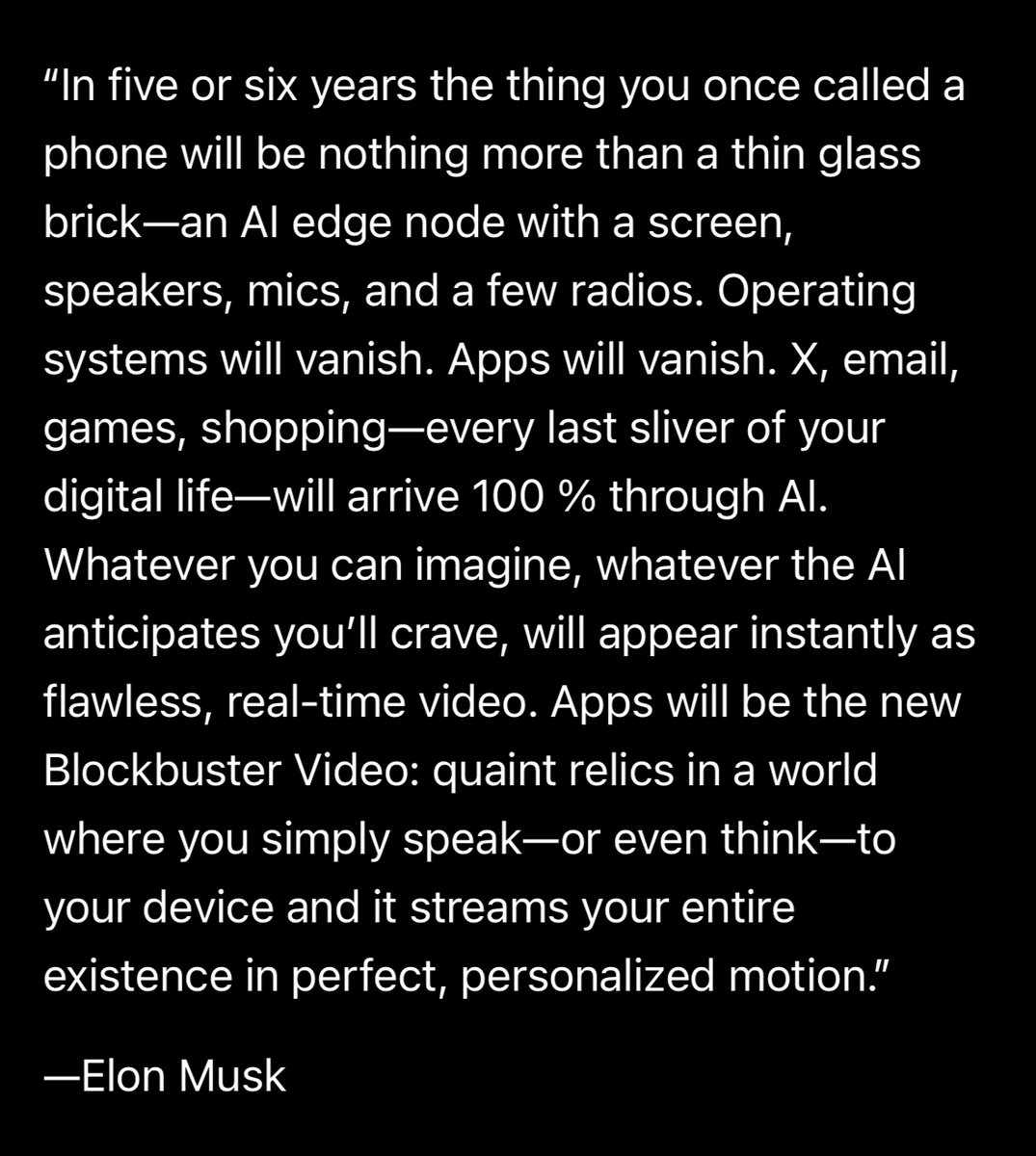 Interesting, and kinda terrifying take by <a href="/elonmusk/">Elon Musk</a> 😓

In this scenario, what happens to <a href="/WordPress/">WordPress</a>, <a href="/WooCommerce/">Woo</a> and the open web? 

Do they in their current form become relics of a pre-AI era, replaced with MCP servers and info on demand? Will we keep 'human-made' web