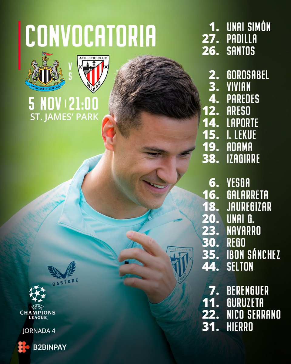 ❌ NICO WILLIAMS NO entra en la convocatoria del Athletic contra el Newcastle.

🔙 Lo adelantó esta mañana <a href="/evelascojr/">Edu Velasco Jr</a>.