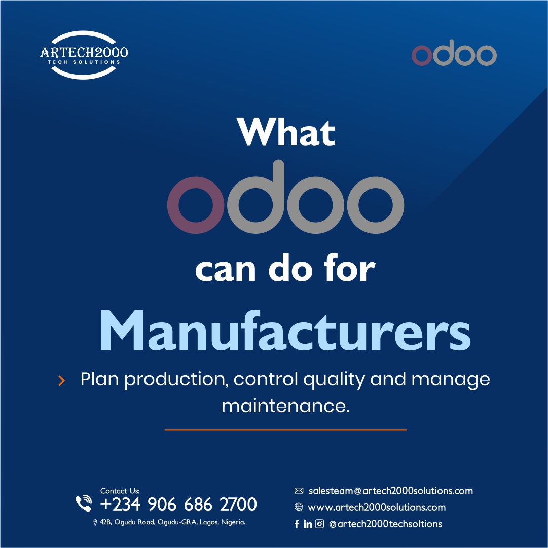 Artech2000_Tech's tweet image. Manufacturing becomes smarter when your systems speak the same language.

With Odoo, you can plan production accurately, control quality in real-time and manage maintenance proactively, all from one platform.

👉 Click this link:- bit.ly/4orTSjE to book a FREE demo today