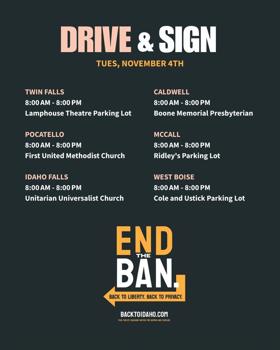 IdahoansUnited's tweet image. Idaho, today is the day! 
🚗💪  Stop by one of our all-day drive-thru and sign locations to sign the Reproductive Freedom and Privacy Act.  Let&apos;s put reproductive rights back on the ballot! ✊ 
#endtheban #reprorights #idahoansunited #backtoidaho