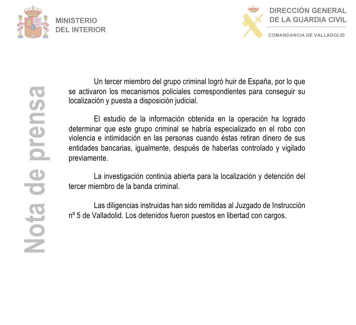 🚨La Guardia Civil detiene a dos miembros de un grupo criminal especializado en el robo a comerciales de joyerías🚨
👉 Las investigaciones comenzaron con el robo a un comercial en la localidad de Tordesillas.