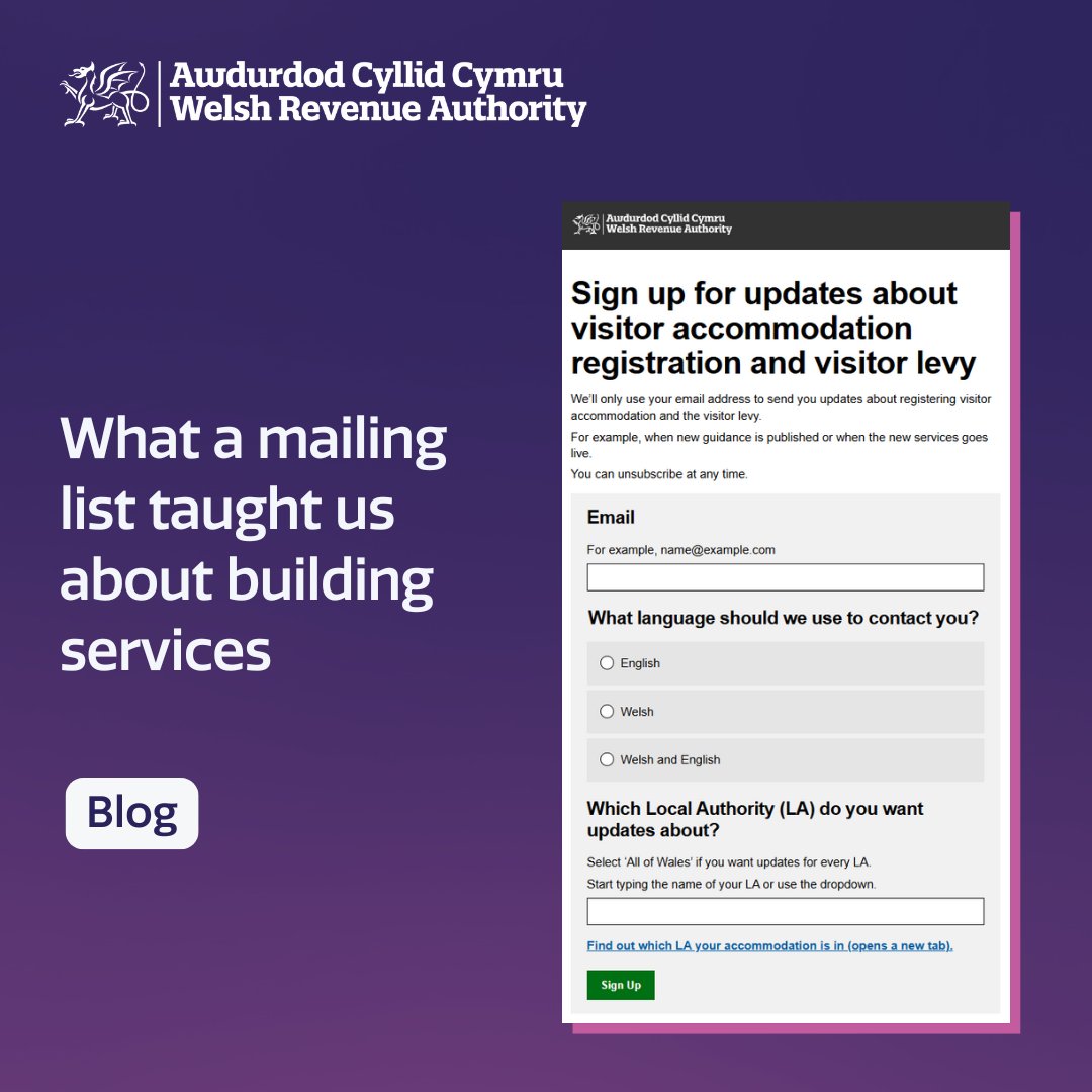 Building a mailing list for visitor accommodation providers taught us valuable lessons about releasing digital services.

Read more in our latest blog and join the mailing list: welshrevenueauthority.blog.gov.wales/2025/11/04/wha…