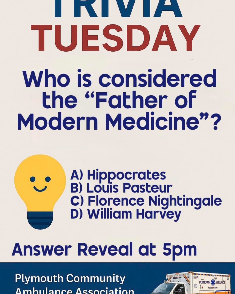 medic308's tweet image. 🚑 𝘛𝘳𝘪𝘷𝘪𝘢 𝘛𝘶𝘦𝘴𝘥𝘢𝘺 🚑

Who is considered the “Father of Modern Medicine”?

A) Hippocrates 
B) Louis Pasteur 
C) Florence Nightingale 
D) William Harvey

👇Drop your guess in the comments! Answer Reveal at 5pm

Who will be the first to get it right? 👀

#medic308 #pcaa