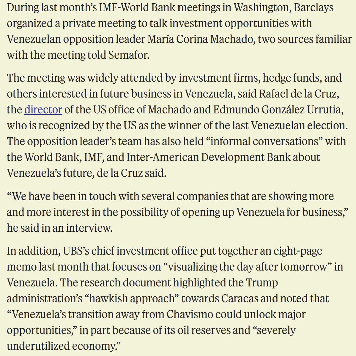 🚨British bank Barclays "organized a private meeting to talk investment opportunities with Venezuelan opposition leader María Corina Machado", Semafor reports.

The meeting was attended by investment firms and hedge firms amid an intensifying coup effort against Nicolás Maduro.