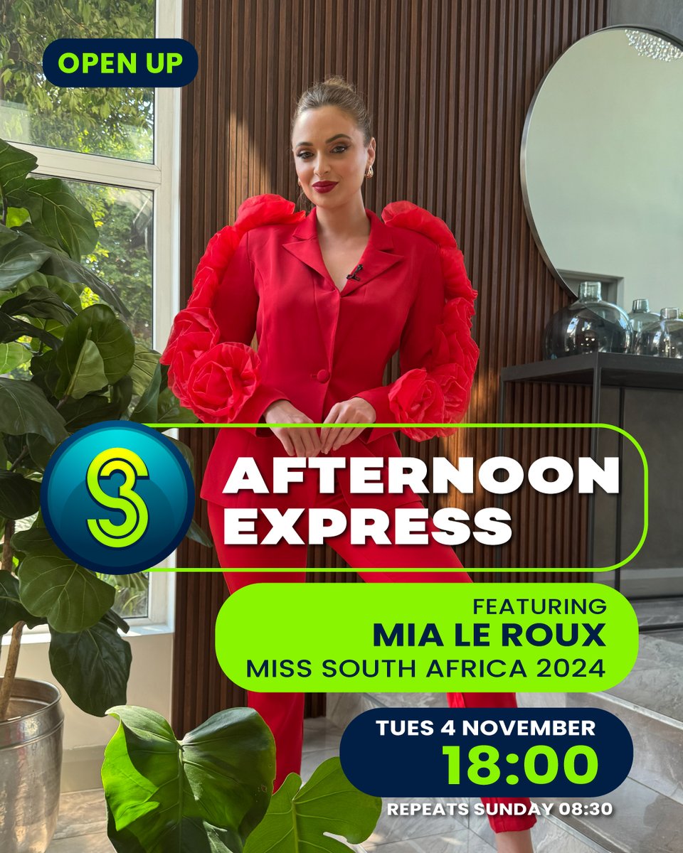 SABC3's tweet photo. Join us today at 6PM for an inspiring episode of @AfternoonChat  

 Miss South Africa 2024 Mia LeRoux opens up about resilience and success and The music legend Tamara Dey  reflects on her journey and future plans.

#S3OpenUp #AfternoonExpress #OpenUpMoreConversations https://t.co/59yowh5vcM