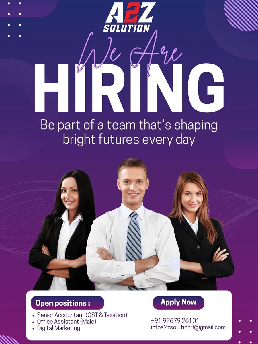 SunderBhati01's tweet image. 🚀 We’re Hiring!
Join our growing team at A2Z Solution – Your Ultimate Placement Partner

#A2ZSolution #JobOpening #NowHiring #AccountantJobs #DigitalMarketingJobs #OfficeAssistant #CareerGrowth #JoinOurTeam