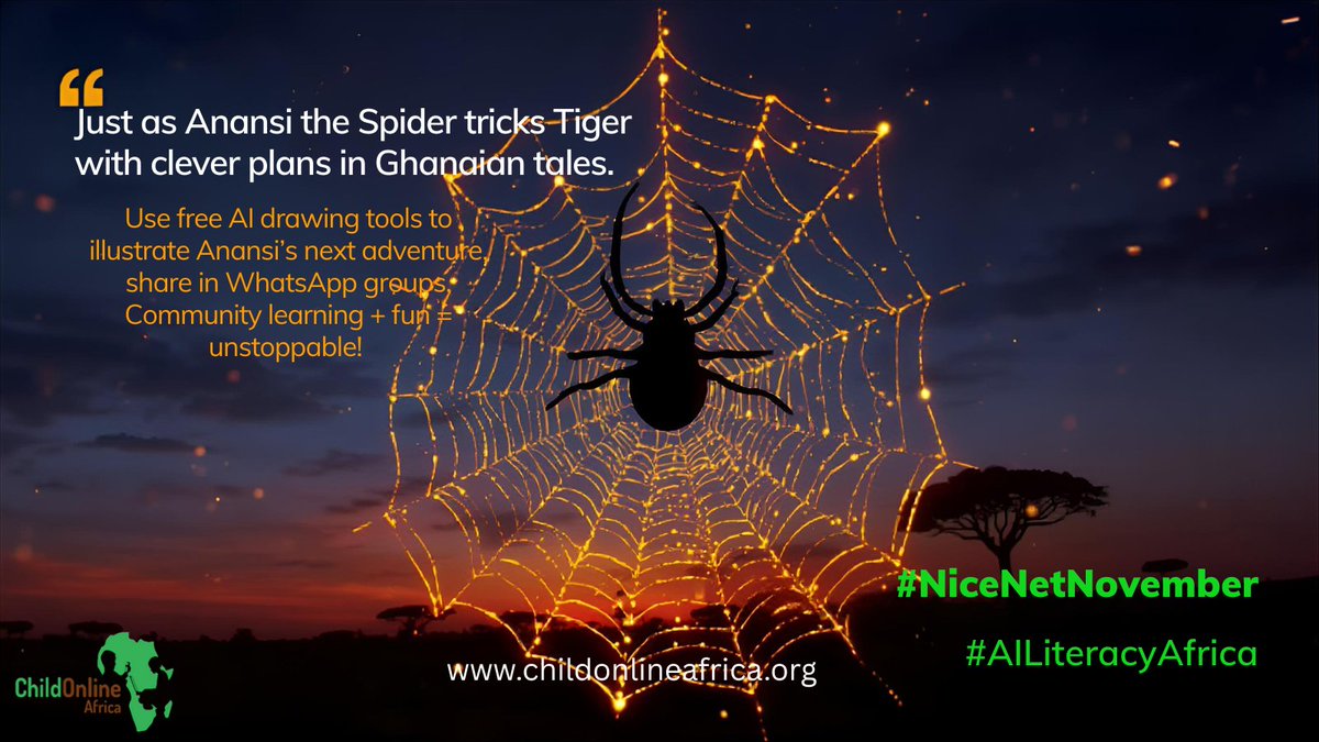 COnlineAfrica's tweet image. Just as Anansi the Spider tricks Tiger with clever plans in Ghanaian tales, AI learns patterns to suggest songs or predict. Use free AI drawing tools to illustrate Anansi’s next adventure, share. Community learning + fun = unstoppable! #NiceNetNovember