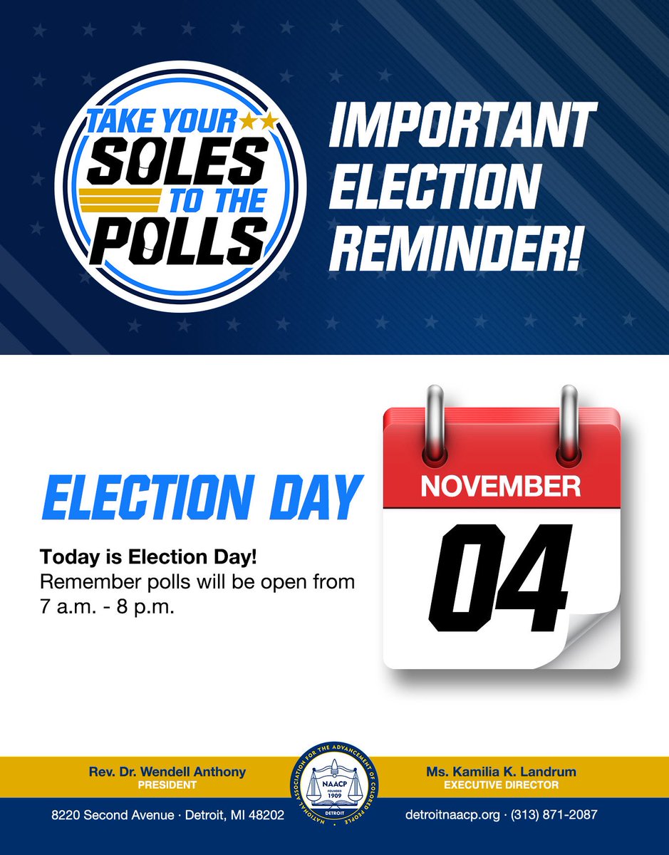 🚨 It’s Election Day!! 🚨

Polls are open till 8 p.m.

Need help finding your polling location or experience any issues at the polls please call our Voter Hotline number at 313-664-2424.

#TakeYourSolesToThePolls
#AllElectionsMatter