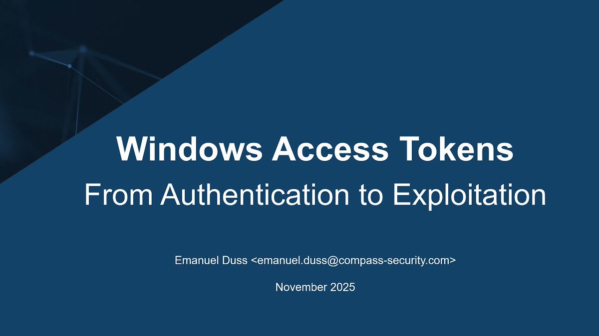 compasssecurity's tweet image. Want to understand how Windows handles authentication and access tokens? Security analyst @emanuelduss explains how they’re created, used, and abused -  with live demos.
🎥Presentation: youtu.be/_ODdwpxXRR4?si…

#Security #Pentest #WindowsInternals