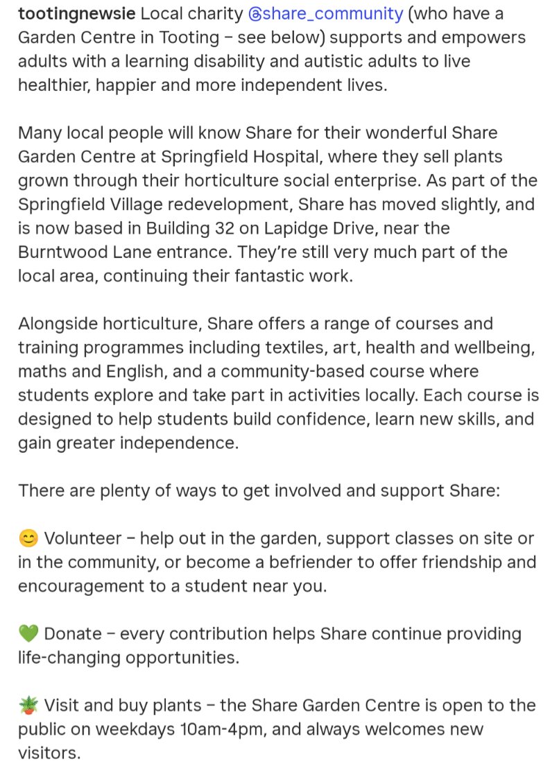 Local charity Share (who have a Garden Centre in #Tooting) supports &amp; empowers adults with a learning disability &amp; autistic adults to live healthier, happier &amp; more independent lives.
More info in images and via sharecommunity.org.uk

#Wandsworth #Balham